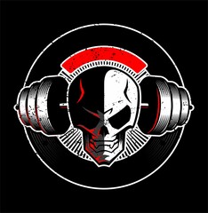 Human skull image with the heavy dumbbell on background. Gym logo design concept.