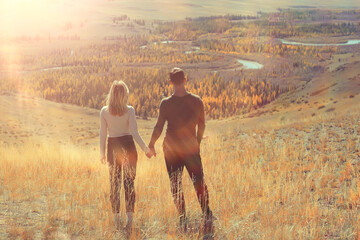 couple autumn altai lovers mountains, active adventures, travel happy tourism