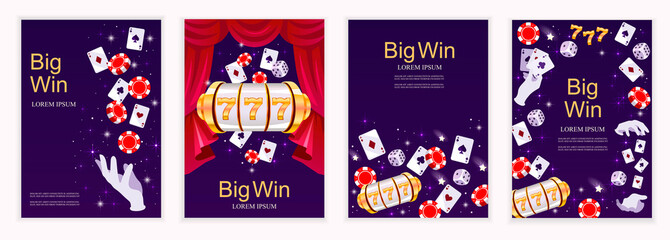 Fototapeta na wymiar Set of templates for banners, posters, covers, flyers, brochures. Online casino. Landing page design, advertising. Cards, chips, jackpot. Big win. Poker, dice. Vector realistic illustration. EPS 10