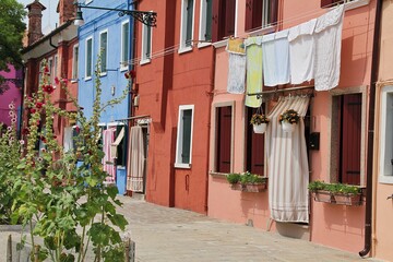 Fototapeta na wymiar colorful houses in Burano, small houses in different colors, laundry hanging in front of the house, flowers blooming between the houses of mallow, classic view of an alley in Burano, around Venice