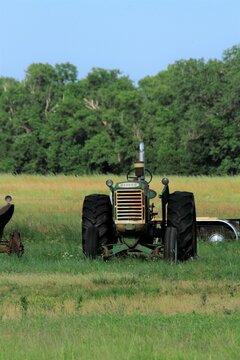 An Old Antique Oliver Farm tractor in a farm field with green grass and tree's west of Hutchinson Kansas USA out in the country.
