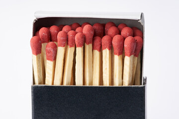Burnt matches isolated on white. Box of matches. Different stages of match burning Burnt matches. 