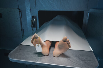 The feet of a deceased person stick out from under the sheet in the hospital morgue - obrazy, fototapety, plakaty