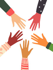 The hands of multiethnic people are connected in a circle on a white vertical background. Activists and other communities fight for equality. Vector.
