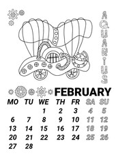 Calendar page 2023  february in steampunk style. Illustration of the zodiac sign Aquarius in the form of a fabulous steampunk-style airship decorated with gears.   doodle style.