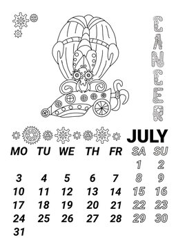 Calendar page 2023 july in steampunk style. Illustration of the zodiac sign cancer in the form of a fabulous steampunk-style airship decorated with gears.   doodle style.