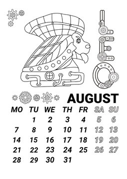 Calendar page 2023 august in steampunk style. Illustration of the zodiac sign leo in the form of a fabulous steampunk-style airship decorated with gears.   doodle style.