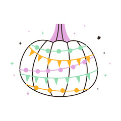 Vector illustration of cute halloween pumpkin decorated with bunting garlands. Hand drawn autumn fruit. Thanksgiving element with decor for card, poster design