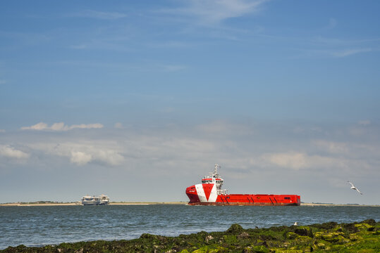Den Helder, Netherlands. July 2022. Supplier through the Marsdiep on its way to a drilling platform with supplies.