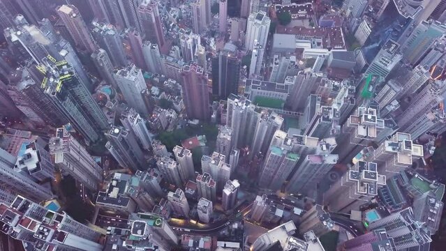 4k aerial video of Iconic skyline from Victoria Peak in Hong Kong. Hong Kong unique skyline. Victoria Harbour aerial footage. Hong Kong skyscrapers.