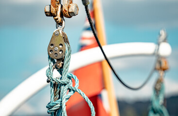 Rope and pulley rigging on a ship	
