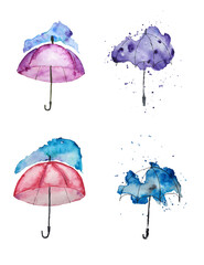 Umbrella illustrations in designer style. Four objects, bright positive drawing, cute and unique design. Hand-painted watercolor graphics on white background, isolated clip art.