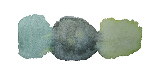 Set of abstract green watercolor water splash on a white background. Watercolour texture in salad color. Ink paint brush stain. Green splatters spot. Watercolor pastel splash