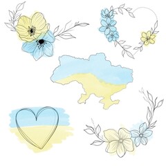 a set of sketches for a patriotic tattoo: flowers and hearts from the colors of the flag of ukraine . Flowers Periwinkle. Hand drawing.