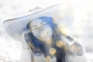 summer sunny portrait of a happy girl, female happiness sun glare straw field country style
