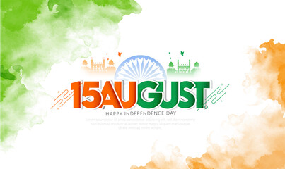 Happy Independence Day In India Celebration On August 15, Indian Monuments, Flying Pigeon, Ashoka Chakra - obrazy, fototapety, plakaty