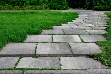 curved park way made of square stone tiles overgrown with grass in a park with a green lawn close-up of path on parkland near plants lit by sun, nobody.