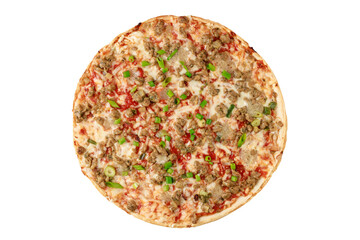 Fresh baked thin tuna fish pizza with tomato sauce, cheese and green onion isolated on white background.