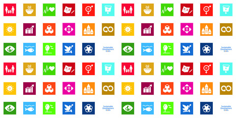 Sustainable Development Goals set by the United Nations General Assembly, Agenda 2030. Seamless pattern with isolated SDG icons. Vector illustration EPS 10, editable, without clipping mask