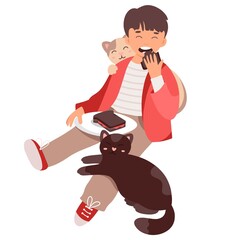 Eating little boy with his cats. Cheerful animal friendship, pet owner love, kitten lover, playful funny time flat  illustration