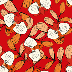 Seamless tropical pattern with orchids and leaves. Stylized like ink painting.