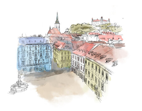 Artwork of Bratislava, Slovakia. View of the Bratislava castle, main square and the St. Martin's Cathedral.