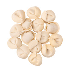 bunch of fresh frozen dumplings ready for cooking, isolated on white background. Full depth of field.