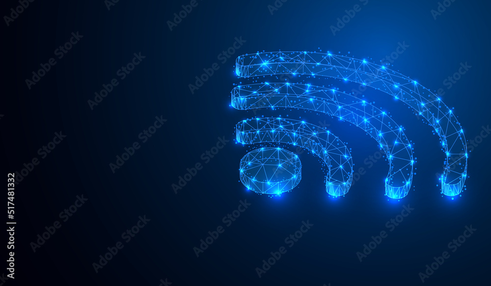Aufkleber Abstract low poly wireframe mesh of wifi signal communication concept. Blue polygonal line connection with particle dot and glow structure 3D vector.