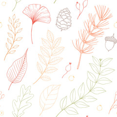 Hand drawn Autumn seamless pattern. Vector botanical background with forest branches and fall leaves, pine cone, acorn. Floral design. Perfect for wrapping paper, fabric, textile, posters