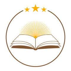Education logo illustration. Open book with sun on white background.