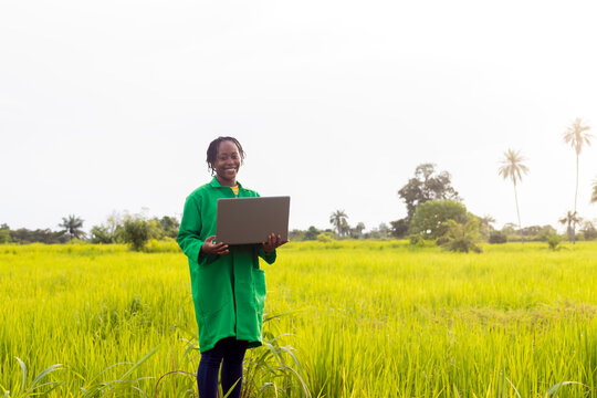 View of an attractive farmer in a green felid using laptop