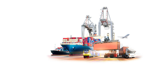 Global business logistics transport import export and International trade concept, Logistics distribution of containers cargo freight ship, Truck and train on white background, Transportation industry - obrazy, fototapety, plakaty