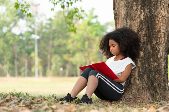 African American girl with curly hair reading book under tree in the park.Young female sitting alone holding open book in summer green park.
