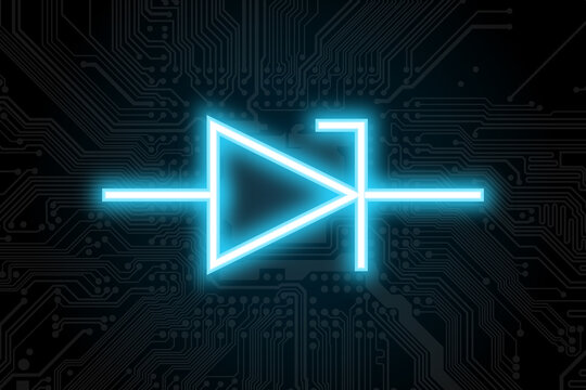 Neon logic gate symbol glowing on circuit board background, blue luminous digital electronics icon, semiconductor technology concept, computer engineering diagram, futuristic processor design 