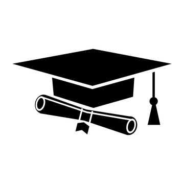 Simple graduation cap silhouette. University Graduation Cap with black certificate roll. Student Education Graduation Design Illustration