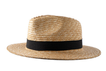 Straw fedora hat isolated. Summer hat with black ribbon. Classic cap on white background.