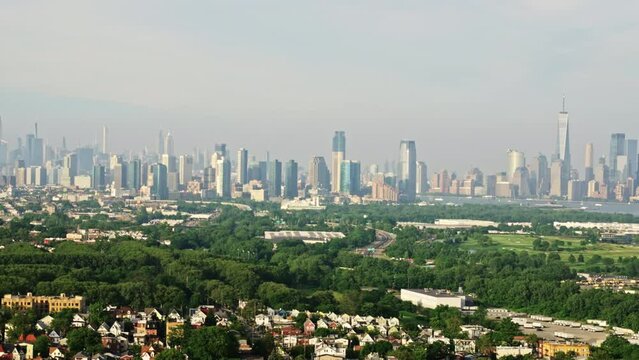 Aerial View of a New York Manhattan Filmed From a Helicopter. Urban Cityscape