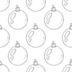 Black and white hand drawn Christmas balls ornament repeat seamless pattern for Xmas holidays wrapping paper.