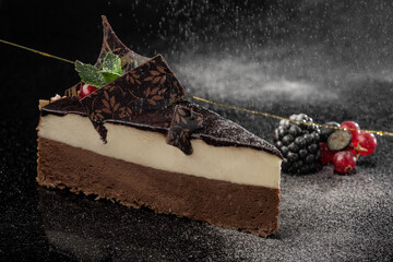 Sweets pastry chocolate cake with blueberries. Photo of food on a white background