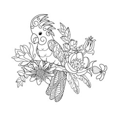 Parrot among exotic flowers. Black and white illustration. Anti-stress coloring for adults and children.
