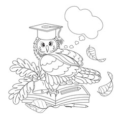 Antistress coloring. Owl, school, autumn. Black and white illustration