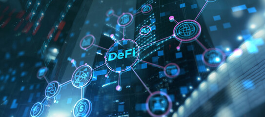 DeFi Decentralized Finance. Technology blockchain cryptocurrency concept