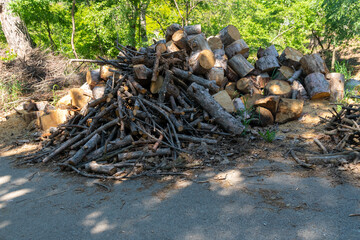 Preparation of firewood for the winter. firewood background, Stacks of firewood