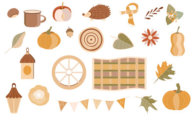 Set of autumn elements, falling leaves, a cute hedgehog, various pumpkins. Cliparts for scrapbook.