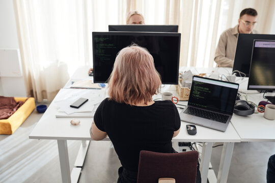 Rear view of female businesswoman working on computer while sitting at desk in office