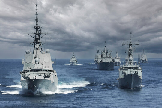 formation of nato military ships in the atlantic ocean