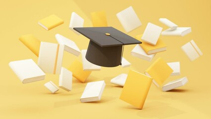Back to school with school supplies and equipment. background and poster for back to school. Lots of books in pastel colors with floating degree cap. on yellow pastel tone. 3d render animation loop - Powered by Adobe