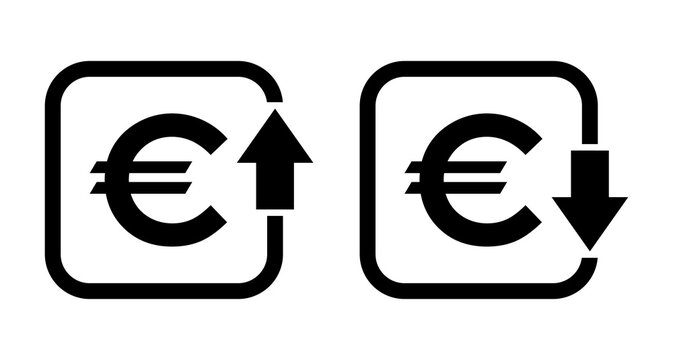 Set of cost symbol euro increase and decrease icon. Money vector symbol isolated on background