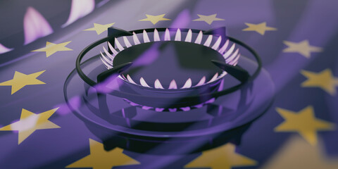 Obraz premium Natural Gas in Europe concept. Burning gas, Cook stove burner, EU flag background. 3d render