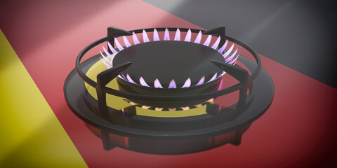 Fototapeta na wymiar Burning gas, Cook stove burner, German flag background. Natural Gas in Germany concept. 3d render